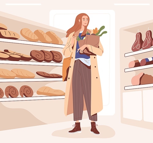 Woman in grocery shop, standing with craft bag full of food. Modern female buyer in department store near shelves. Daily purchases, everyday routine. Colored flat vector illustration.