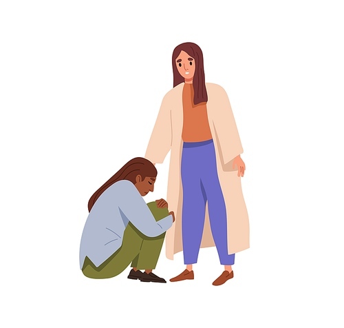 Woman supporting and consoling sad depressed person. Empathy, sympathy and compassion concept. Sympathetic friend helping human with depression. Flat vector illustration isolated on white .