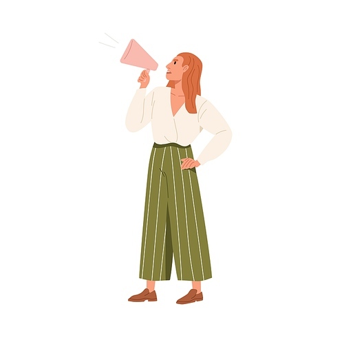 Person with megaphone shouting, calling for smth. Woman holding bullhorn, speaking, making announcement. Businesswoman with loudspeaker in hands Flat vector illustration isolated on white .