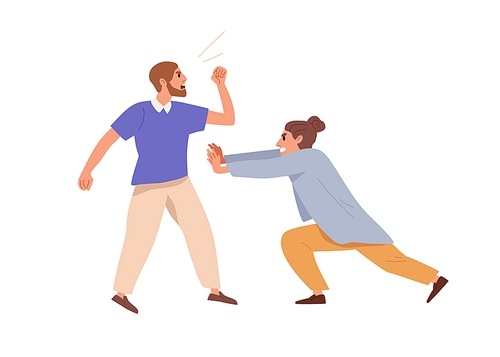 Woman trying to stop aggression and abuse of man. Brave resistant female defending and protecting against angry aggressive person and violence. Flat vector illustration isolated on white .