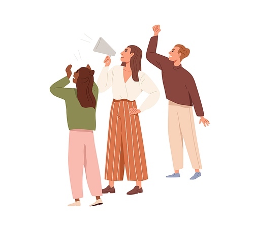 People protesting at strike, making statements with loudspeaker. Activists with megaphone at riot. Protesters at demonstration. Activism concept. Flat vector illustration isolated on white .