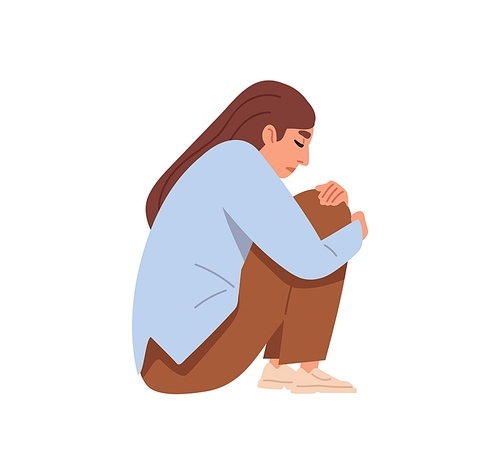 Sad depressed person in grief and despair. Unhappy upset woman in depression and frustration, sitting and hugging knees. Melancholy concept. Flat vector illustration isolated on white .