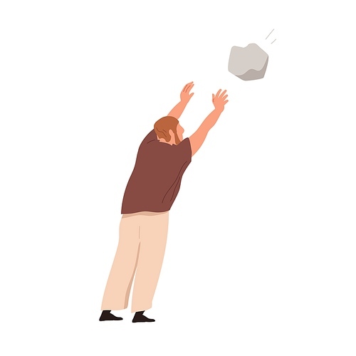 Man throwing big stone. Angry aggressive person casting rock, attacking smb. Violence and offense concept. Hooligans aggression. Flat vector illustration of bully isolated on white .
