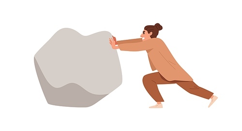 Business person pushing big stone, boulder. Persistence and ambition concept. Worker and heavy rock, struggling with problems, obstacles, and work hard. Flat vector illustration isolated on white.