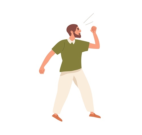 Angry man shouting in rage. Furious annoyed person with irritated face expression, yelling and clenching fist in anger. Discontent aggressive guy. Flat vector illustration isolated on white .