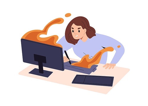 Person work hard at computer. Burning deadline concept. Busy woman hurrying, working in rush at desktop. Employee at PC is late with project. Flat vector illustration isolated on white .