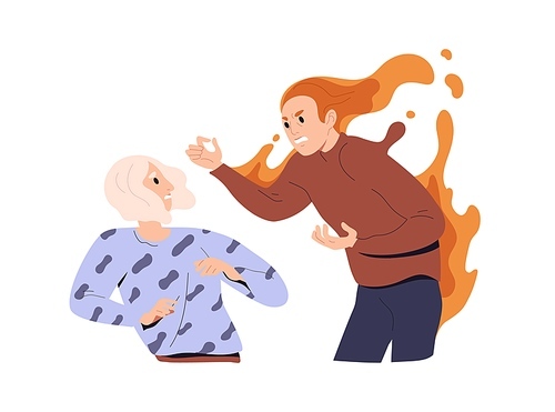 Angry people quarreling. Conflict between aggressive women in anger and rage. Fight of annoyed irritated characters shouting and screaming. Flat vector illustration isolated on white .