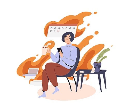 Lazy person procrastinate, postpone businesses, breake deadlines. Procrastination concept. Careless idle unproductive woman indifferent to work. Flat vector illustration isolated on white .