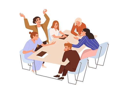 Conflict and disagreement at business meeting. Argument and quarrel between angry people in office. Aggressive tensed team communication. Flat graphic vector illustration isolated on white .