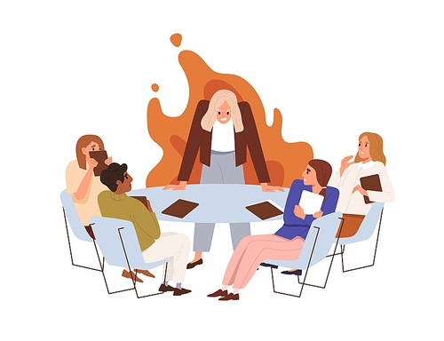 Angry evil boss and nervous tensed employees at business meeting. Annoyed furious dissatisfied mad woman in bad mood and team in stress and fear. Flat vector illustration isolated on white .