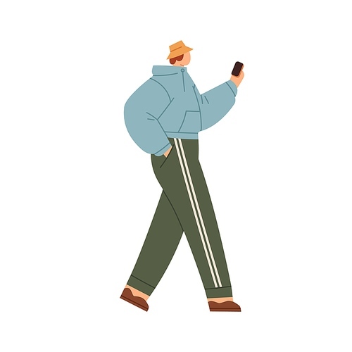 Person walking with mobile phone in hands. Young man using smartphone on the go. Guy strolling with cellphone, surfing internet, social media. Flat vector illustration isolated on white .