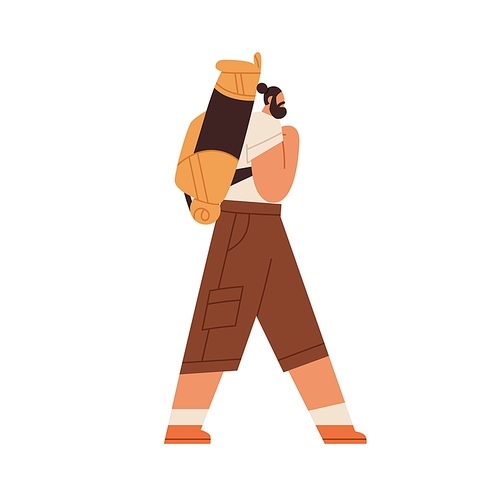 Hiker with backpack walking. Man backpacker hiking. Tourist trekking, traveling with rucksack. Person going with bag, side view. Flat vector illustration isolated on white .