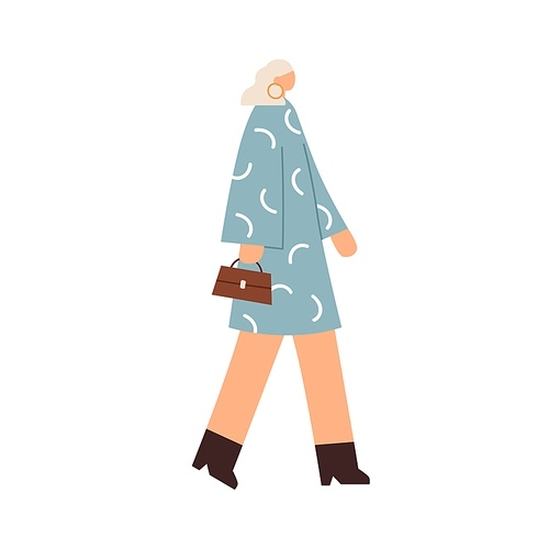 Elegant woman walking, wearing dress, heeled shoes and accessories. Modern female strolling with bag in hand. Side view of faceless lady going. Flat vector illustration isolated on white .