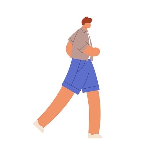 Man walking fast, rushing. Faceless person going and hurrying. Young guy in casual clothes, summer shirt, shorts and sneakers, in motion. Flat vector illustration isolated on white .