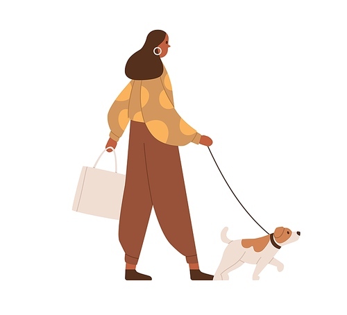 Young woman walking with dog. Dark-skinned person in casual clothes with pet on leash during stroll. Colored flat vector illustration of modern female character isolated on white .