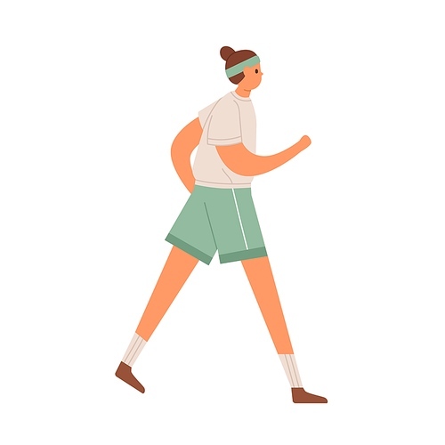 Young woman walking in sportswear and sport headband. Sportswoman running or jogging in shorts, t-shirt and sweatband. Colored flat vector illustration of runner isolated on white .