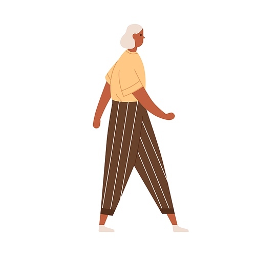 Senior gray-haired woman walking in modern casual clothing. Profile of elderly grey dark-skinned female character going in trendy outfit. Colored flat vector illustration isolated on white .