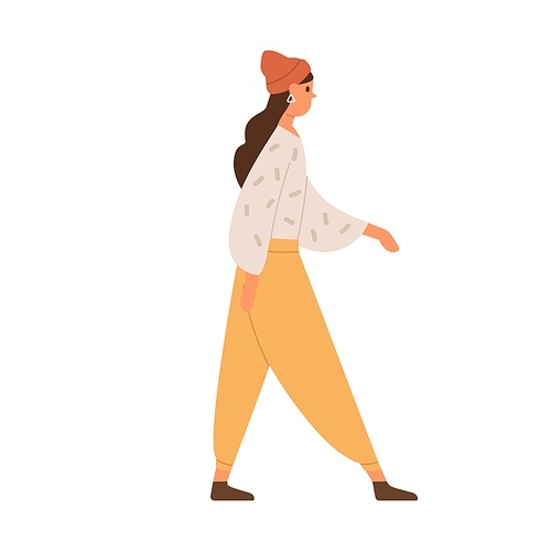 Young woman walking in trendy casual clothes. Profile of female going forward. Person strolling, wearing knitted hat. Colored flat vector illustration of modern human isolated on white .