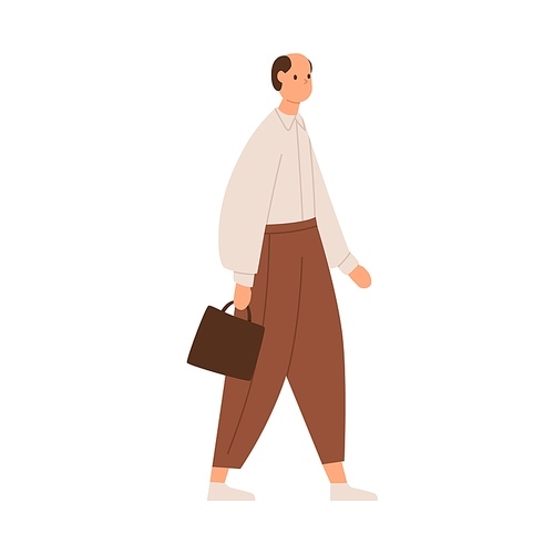 Mature man going to work, wearing pants and shirt, holding briefcase. Old-fashioned bald clerk walking with case. Flat vector illustration of male character strolling isolated on white .
