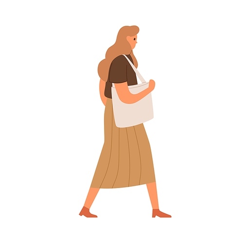 Young woman walking in casual clothing. Profile of abstract female character with shoulder bag, wearing skirt and blouse. Colored flat vector illustration isolated on white .