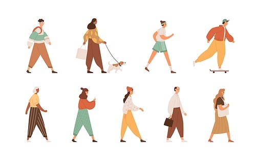Set of diverse people walking, going, running, strolling with dog. Different men and women's full-length profiles. Colored flat vector illustration of pedestrians isolated on white .