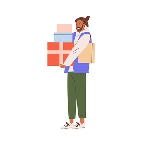 Happy man holding stack of birthday gifts in wrapped boxes. Young smiling person carrying giftboxes. Guy standing with presents in hands. Flat vector illustration isolated on white .