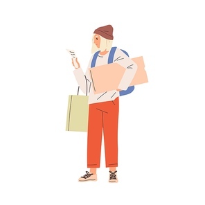 Person holding and checking shopping list. Woman with bag and box reading checklist. Buyer looking at receipt. Shopper standing with packages. Flat vector illustration isolated on white .
