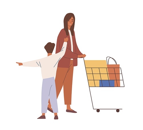 Mother and child during shopping. Woman and kid pushing supermarket cart full purchases in bags and boxes. Happy family with trolley. Flat vector illustration of buyers isolated on white .