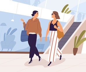 Woman walking in shopping mall. Happy female friends talking while strolling with bags in modern shop. Girlfriends going in store and chatting. People spend time together. Flat vector illustration.