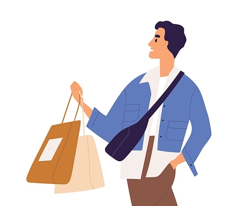 Young stylish man holding shop bags with purchases in hands. Male shopper walking after shopping. Modern customer carrying packages. Flat vector illustration of buyer isolated on white .