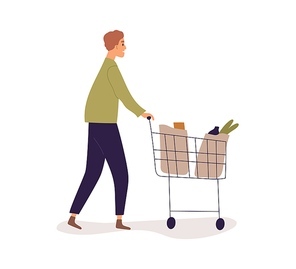 Person pushing shop cart full of bags with groceries. Man walking with shopping trolley. Profile of buyer going with supermarket trolly. Flat vector illustration of shopper isolated on white.