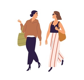 Women friends walking and talking. Happy relaxed young girlfriends strolling together. Modern people going leisurely and chatting. Colored flat vector illustration isolated on white .