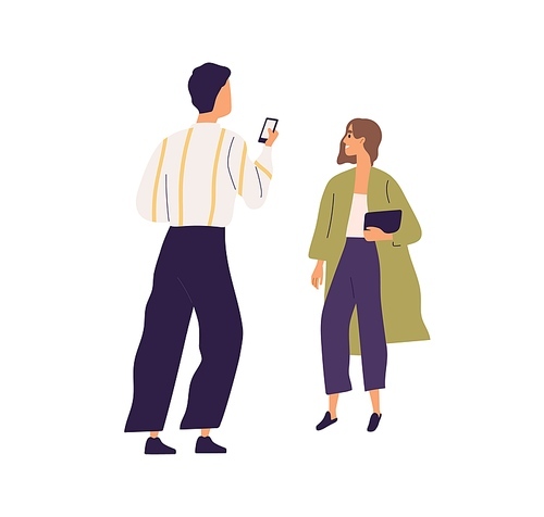 Man taking photo of woman with smartphone. Happy girlfriend posing while boyfriend making shot with mobile phone. Couple with cellphone. Flat vector illustration isolated on white .