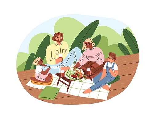 Family picnic with healthy food. Mother, father and children eating vegetables outdoors. Parents and kids together on summer holidays. Colored flat vector illustration isolated on white .