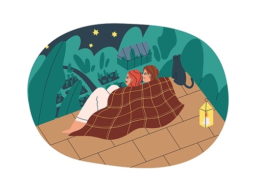 Love couple sitting on roof top. Romantic man and woman under plaid look at night sky with stars on rooftop of country house on summer holidays. Flat vector illustration isolated on white .