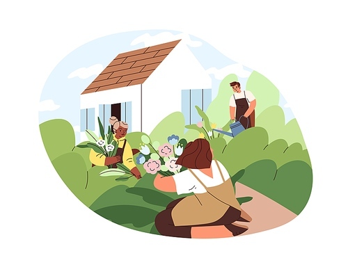 Family work in garden, home backyard. People gardeners growing, caring and watering flowers and green plants outdoors on summer holidays. Village lifestyle. Flat vector illustration isolated on white.