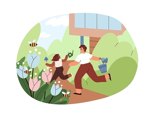 Family having fun in garden on summer holidays. Happy father and kid outdoors in village. Country lifestyle. Parent and child in backyard. Flat vector illustration isolated on white .