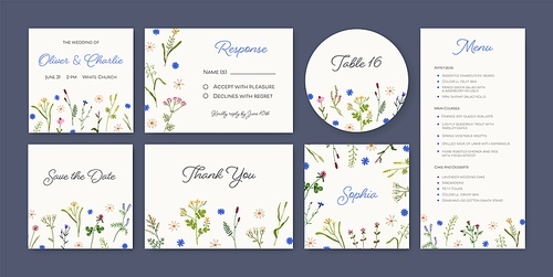 Wedding cards set. Floral background designs for marriage party. Romantic botanical invitation, menu, label and Save the Date templates with flowers, delicate plants. Flat vector illustrations.