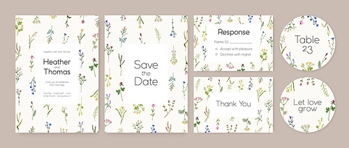 Floral wedding cards and labels set. Invitations and tags backgrounds with flowers frames. Spring romantic Save the Date, RSVP templates designs for marriage party. Flat graphic vector illustrations.
