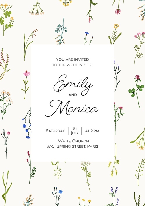 Wedding card design with wild flower frame and background for text. Floral invitation template with botanical pattern, inviting to engagement and marriage ceremony. Colored flat vector illustration.