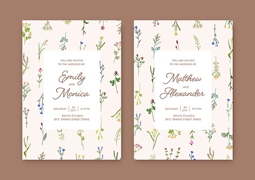 Wedding invitation card designs. Floral backgrounds with marriage ceremony and bridal party inviting. Engagement templates with spring romantic wild flowers frames. Flat vector illustrations.