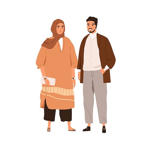 Arab couple in modern casual clothes. Muslim man and woman in hijab. Happy Arabian people wearing stylish outfits with traditional headscarf. Flat vector illustration isolated on white .