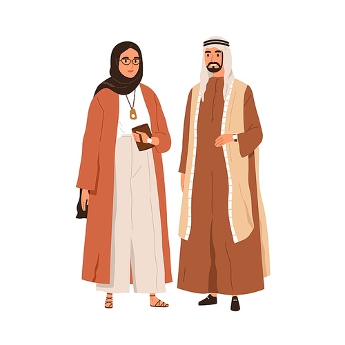 Arab couple in hijab and keffiyeh, male headwear. Muslim man and woman in traditional and modern clothes. Happy Arabian people portrait. Flat vector illustration isolated on white .