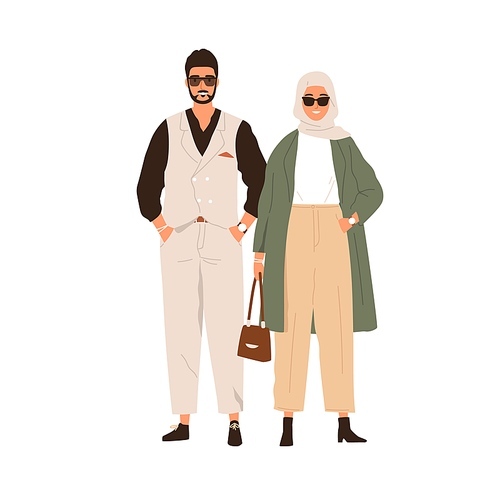 Modern Muslim couple of Arab man and woman. Portrait of Arabian female in hijab and pants and male in fashion suit. Islamic people in casual clothes. Colored flat vector illustration isolated on white.