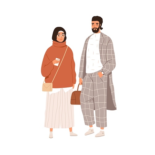 Arab Muslim couple of modern man and woman. Portrait of Arabian female in hijab and loose casual clothes and male in fashion suit. Islamic people. Flat vector illustration isolated on white .