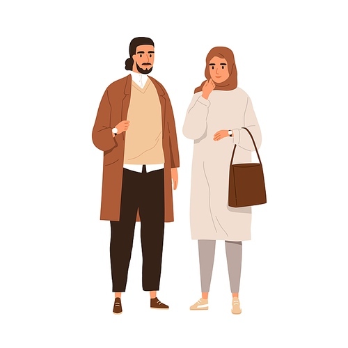 Muslim Arab man and woman in modern outfits. Saudi Arabian couple portrait of female in hijab and sneakers and male in casual clothes. Colored flat vector illustration isolated on white .