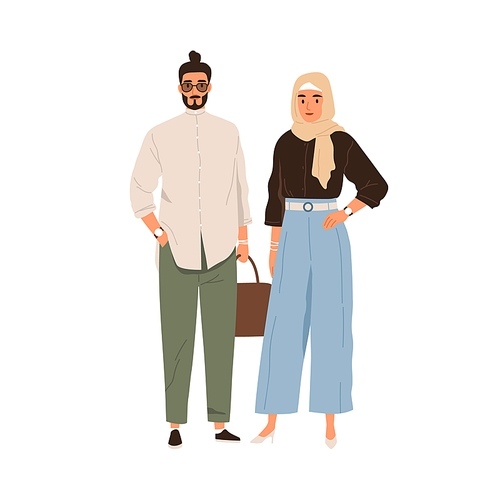 Modern Arab man and woman in fashion clothes. Muslim couple portrait wearing hijab and pants. Arabian male and female in trendy outfits. Colored flat vector illustration isolated on white .