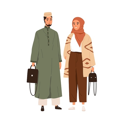 Arab couple in modern casual clothes and headwears. Portrait of Muslim man in thobe and woman in hijab and pants. People in trendy outfit. Colored flat vector illustration isolated on white .