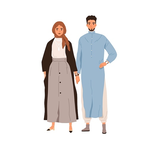 Modern Arab love couple of man and woman in fashion casual clothes. Portrait of Muslim male in tunic and female in hijab. Arabian people. Colored flat vector illustration isolated on white .