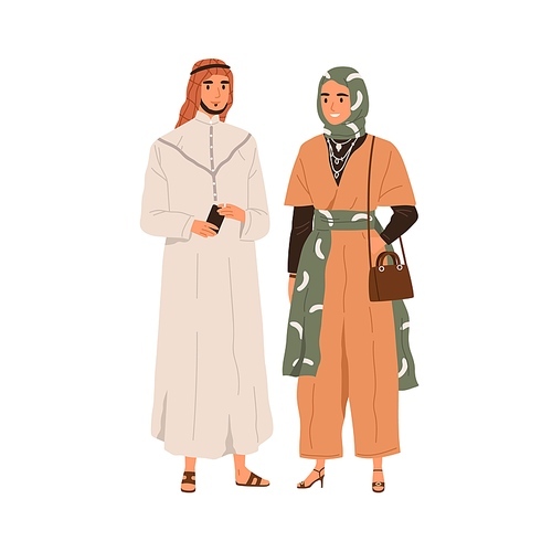 Arab man and woman in modern fashion clothes. Muslim couple portrait wearing hijab, tunic and male headwear. Arabian people in trendy outfits. Flat vector illustration isolated on white .